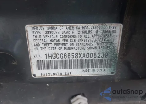 1999 Honda Accord Lx из США, поврежденный, VIN 1HGCG6658XA005239